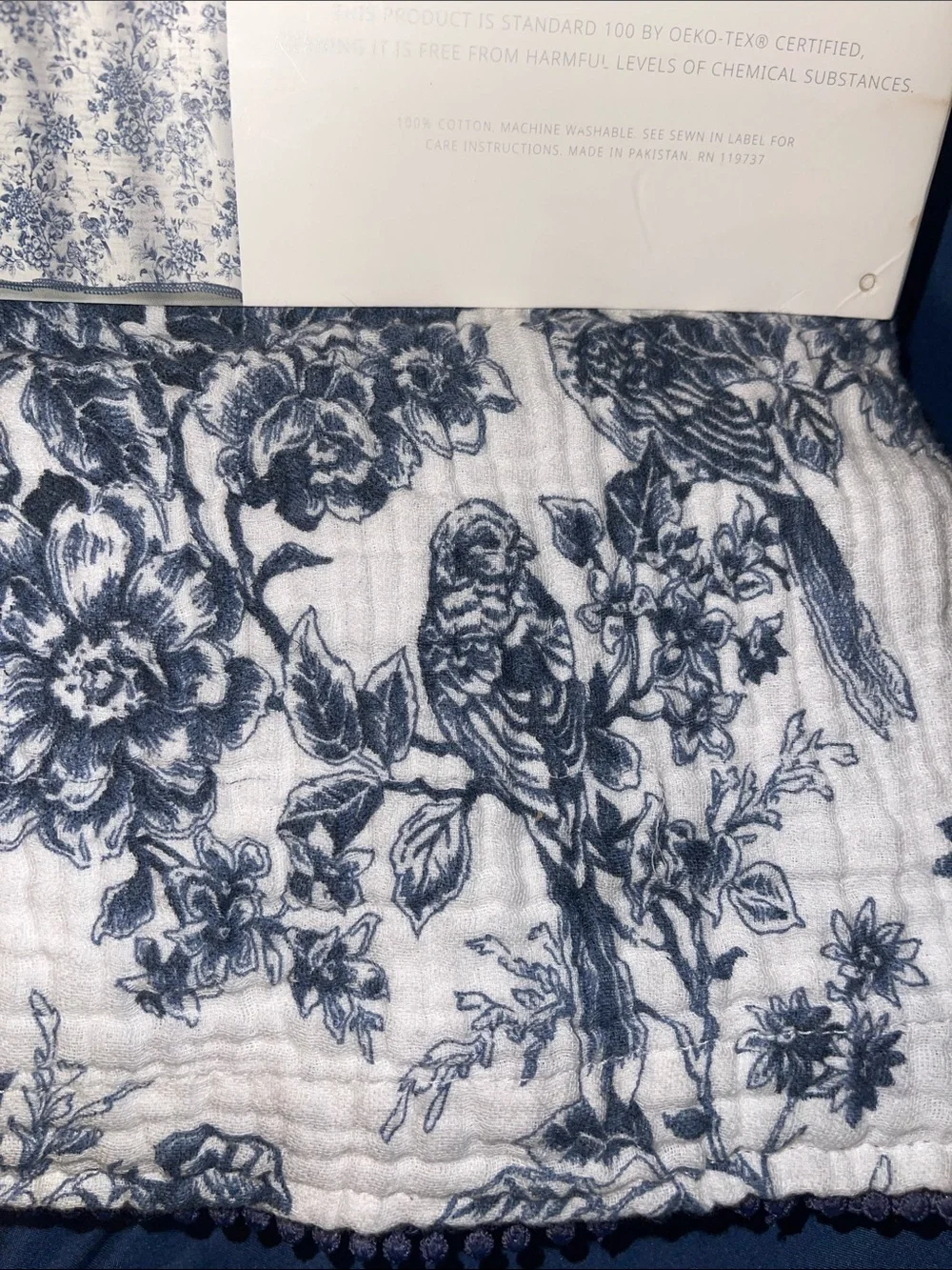Dreamy Cotton Gauze Shower Curtain - White with Blue Floral & Bird Motif